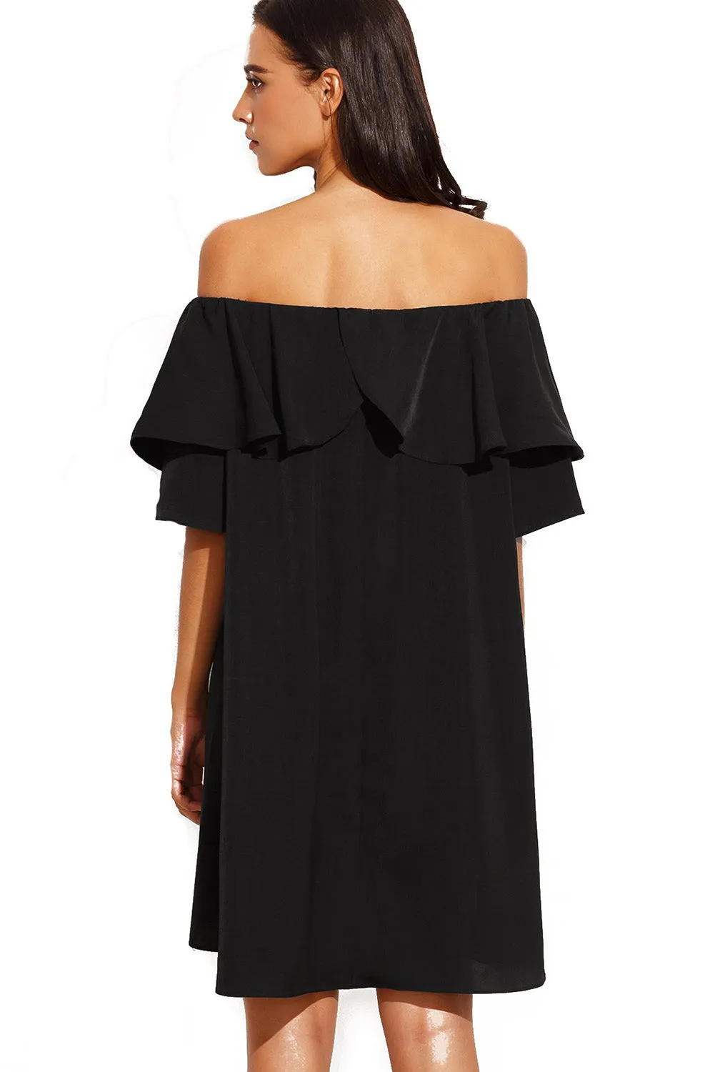Black Off The Shoulder Ruffle Casual Shift Dress