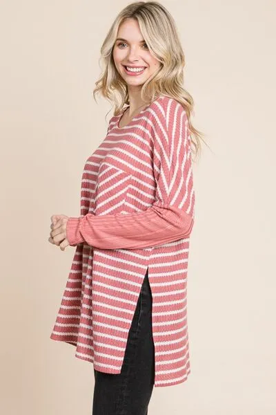 Bryant Oversize Striped Round Neck Long Sleeve Slit T-Shirt