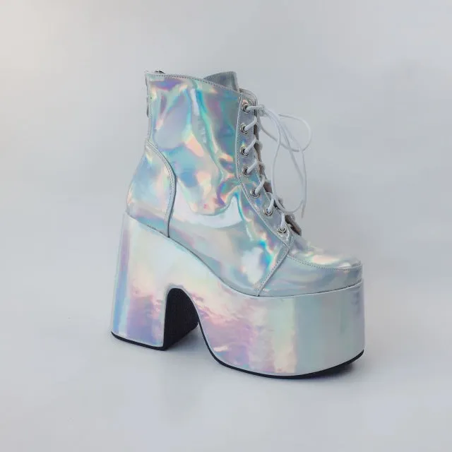Colorful 10cm Laser Women's Ankle Boots High Heel Platform Winter Lace Up Chunky Heel Short Boots  Back Zip