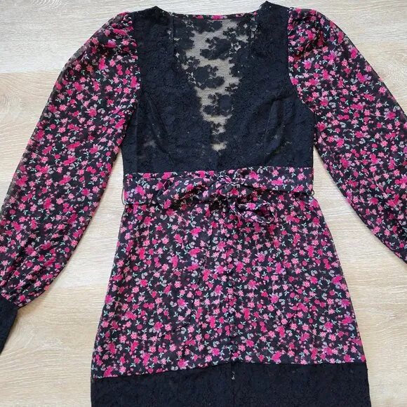For Love &amp; Lemons Melrose Pink Black Floral Lace Sheer Belted Robe Dress Small