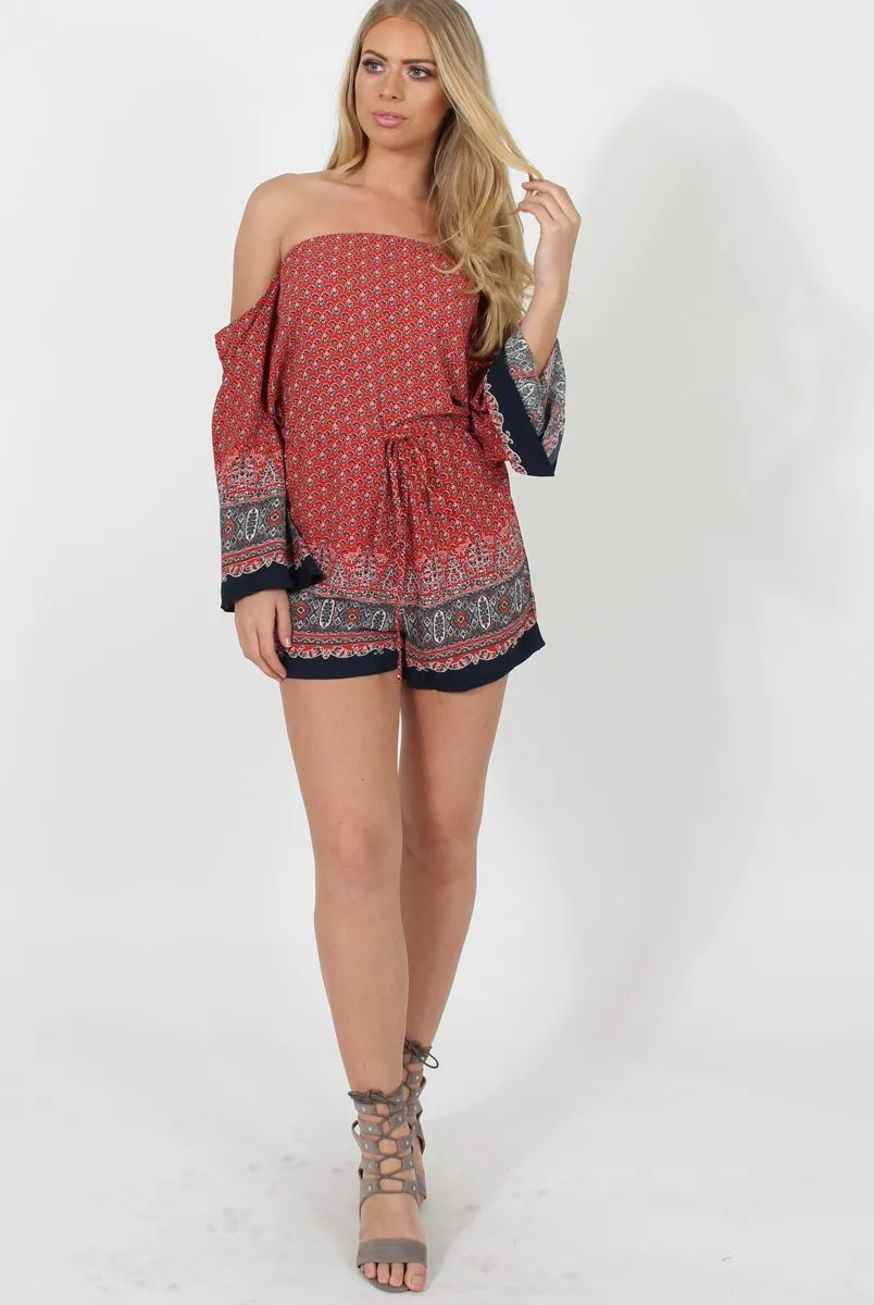 Red Print Bardot Playsuit - Malaya