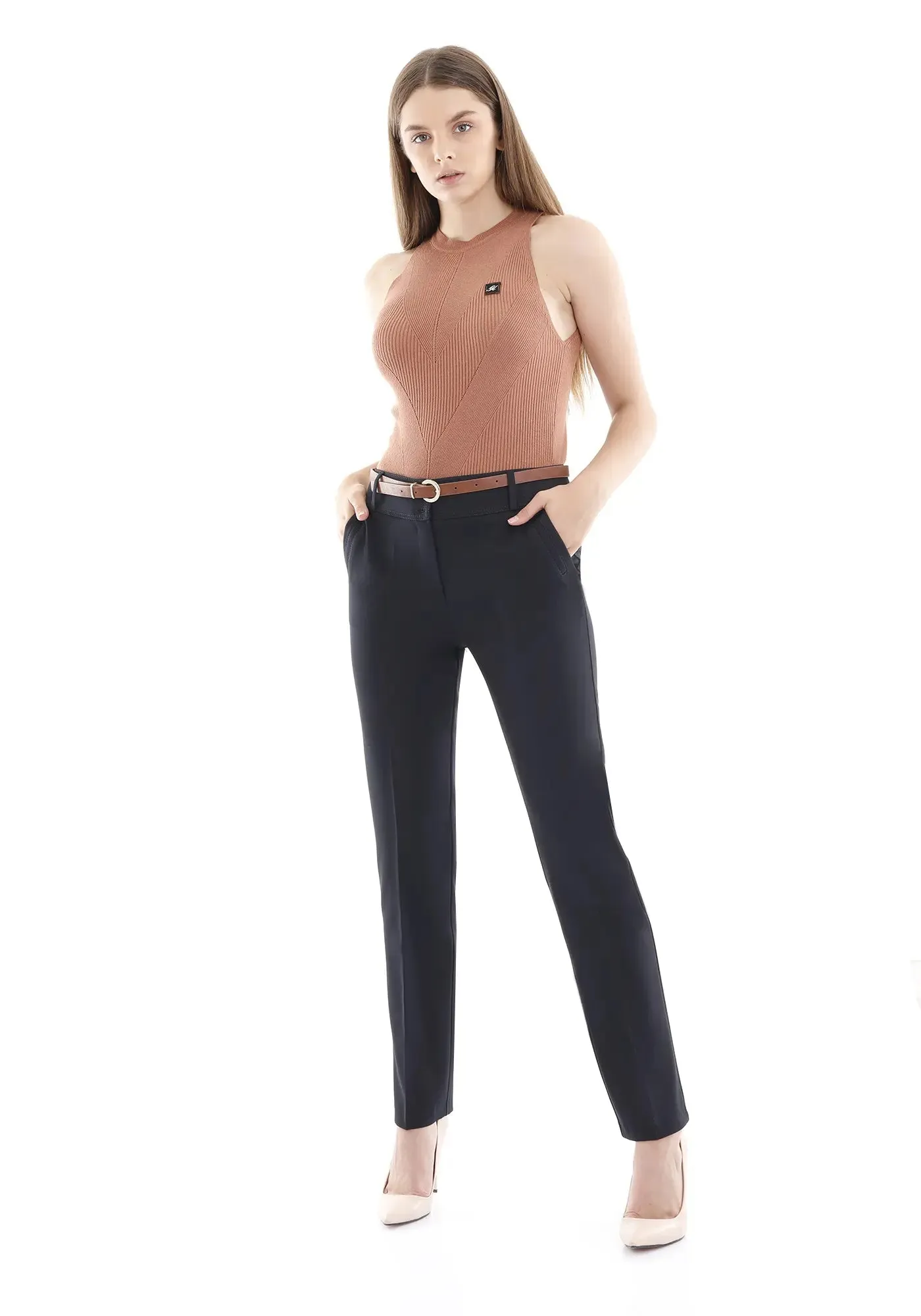 Straight Leg Pants with Pockets and Belt