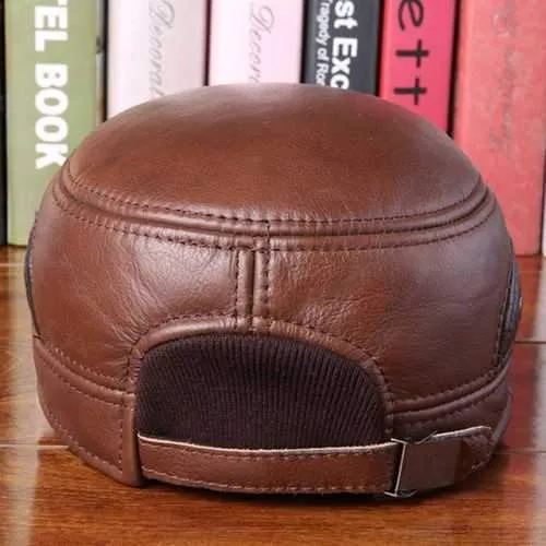 Unisex Cowhide Genuine Leather Earflap Ear Muffs Baseball Cap Fleece Lining Adjustable Military Hat