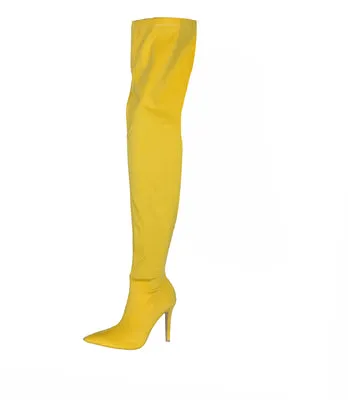 Women Over The Knee Boots Stretch Fabric Pointed Toe Thin High Heel