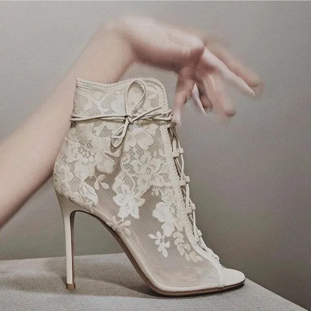 Women Wedding Booties Lace Embroider Tied Up Ankle Spring Boots Hollow Peep Toe Stiletto High Heel Shoes Bride Party Dress